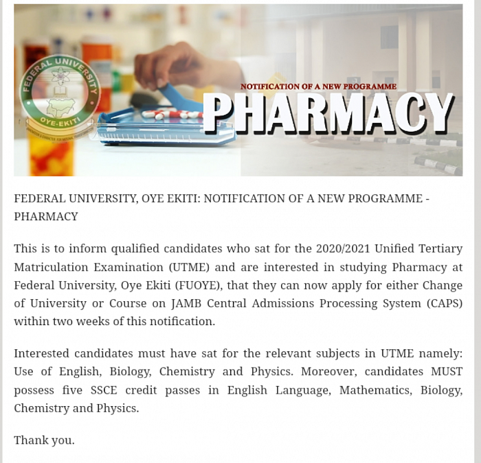 Call for Admission into Faculty of Pharmacy at Federal University Oye-Ekiti (FUOYE)
